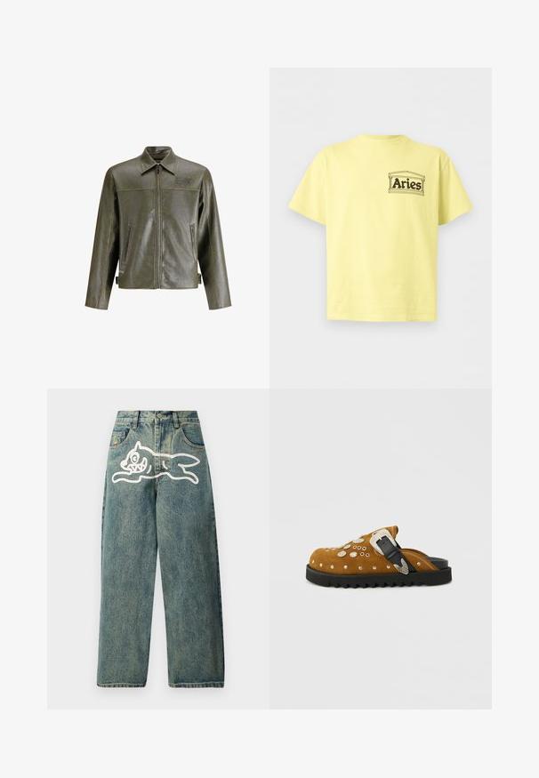 Olivegrüne Lederjacke mit einem Frontreißverschluss, spitzem Kragen, zwei seitlichen Taschen und dezentem Branding auf der oberen linken Seite.; Hellgelbes T-Shirt mit kurzen Ärmeln und dem Schriftzug „Aries“ in einem einfachen architektonischen Rahmen auf der linken Brust.; Hellblaue Jeans im lässigen Schnitt mit einer großen weißen Katzengrafik auf dem linken Bein und klassischem Fünf-Taschen-Design.; Brauner Slip-on-Clog aus Wildleder mit silbernen Nieten und dekorativer Schnalle, ausgestattet mit einer dicken schwarzen profilierten Sohle.