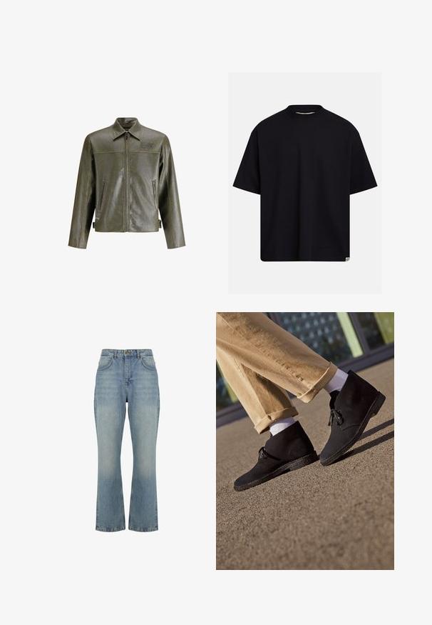 Olivegrüne Lederjacke mit einem Frontreißverschluss, spitzem Kragen, zwei seitlichen Taschen und dezentem Branding auf der oberen linken Seite.; Schwarzes, übergroßes T-Shirt mit kurzen Ärmeln und Rundhalsausschnitt, mit einem kleinen, cremefarbenen rechteckigen Etikett am unteren Saum vor hellgrauem Hintergrund.; Hellblaue Jeans aus Denim mit hoher Taille und geradem Bein, vordere Knopfverschluss, Gürtelschlaufen und zwei Vordertaschen.; Schwarze Wildleder-Stiefeletten mit einer strukturierten Sohle, die eine runde Zehenpartie und eine Schnürung aufweisen. Sie sind kombiniert mit hochgekrempelten khakifarbenen Hosen und weißen Socken.
