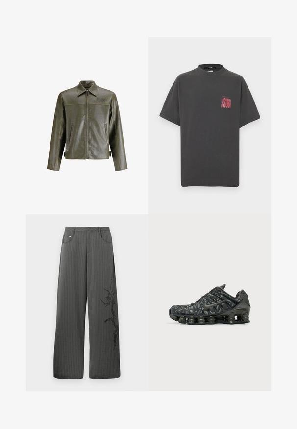 Olivengrøn læderjakke med lynlås foran, spidse kraver, to sidelommer og diskret branding på øverste venstre side.; Grå bomuld t-shirt med rund halsudskæring og korte ærmer. Lille rødt trykt logo på venstre brystlommeområde. Simpelt design.; Bredbenede, mørkegrå stofbukser med striber, som har forlommer og et sort dekorativt print på venstre side.; Sort Nike løbesko med segmenteret såldæmpning og hvidplettet mønster på overdelen, vist fra ydersiden.