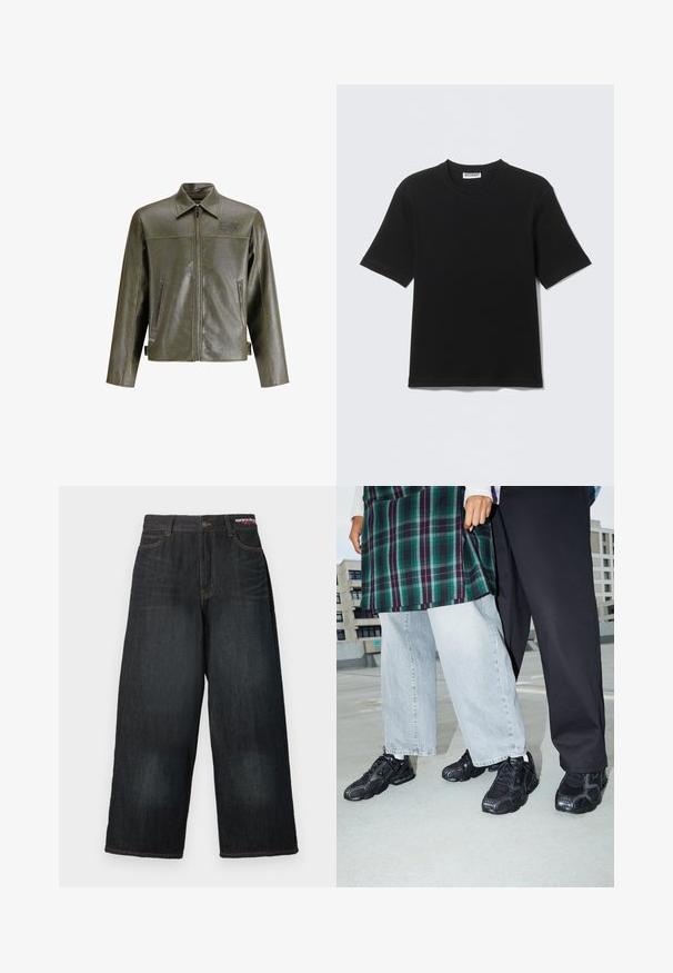 Olivegrüne Lederjacke mit einem Frontreißverschluss, spitzem Kragen, zwei seitlichen Taschen und dezentem Branding auf der oberen linken Seite.; Schwarzes T-Shirt mit kurzen Ärmeln und Rundhalsausschnitt, mit einem "WEEKDAY"-Etikett innen am Kragen, flach auf einem hellen Hintergrund liegend dargestellt.; Dunkelblaue Jeans mit weitem Bein, Knopfverschluss, fünf Taschen und gelben Nähten. Der Stoff wirkt leicht ausgewaschen.; Schwarze Sportschuhe mit Mesh- und Gummielementen. Kombiniert mit hellgrauen weiten Jeans und einem karierten grünen Oberteil. Flacher Hintergrund.