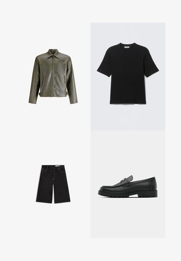 Olijf groene leren jas met een ritssluiting aan de voorkant, een puntige kraag, twee zijzakken en subtiele branding op de bovenste linkerkant.; Zwart T-shirt met korte mouwen en ronde hals, met een label "WEEKDAY" aan de binnenkant van de kraag, plat neergelegd op een lichte achtergrond.; Zwarte denim kniebroek met voorkantzakken, knoopsluiting en zichtbare witte stiksels, plat gelegd op een witte achtergrond.; Zwarte leren instappers met een ronde neus, voorzien van een gestikt ontwerp, een lage platformzool en een gestructureerde, grof rubberen buitenzool.