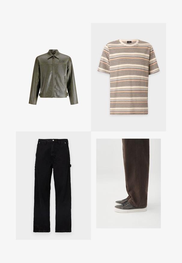 Olivengrøn læderjakke med lynlås foran, spidse kraver, to sidelommer og diskret branding på øverste venstre side.; Kortærmet strikket t-shirt med vandrette striber i creme, sort, brun og orange farver, vist mod en ensfarvet lys baggrund.; Sorte denimbukser med lige ben, der har knap- og lynlås-lukning, sidelommer og subtile teksturvariationer.; Mørkebrune teksturerede bukser kombineret med grå sneakers med en glat læderoverdel, rundet tå og hvid gummisål.