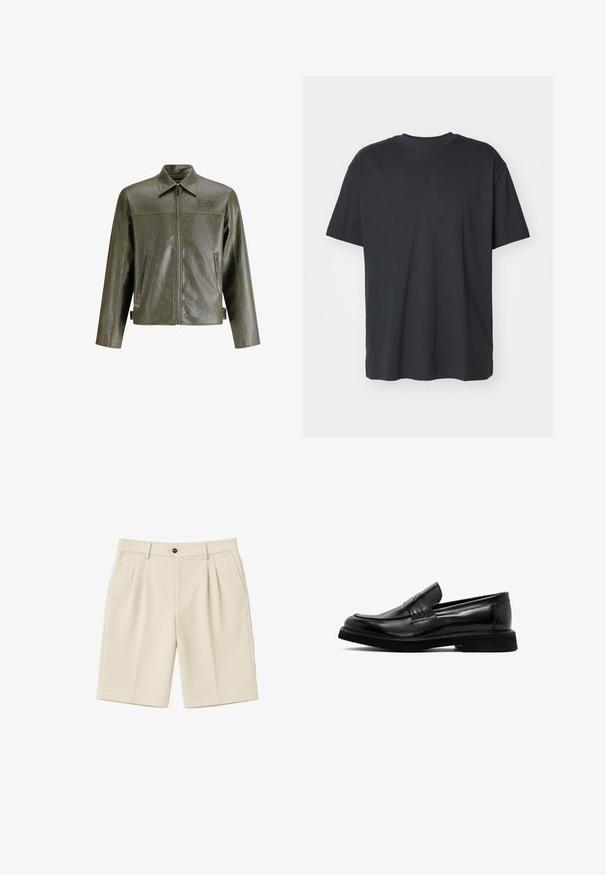 Olivengrøn læderjakke med lynlås foran, spidse kraver, to sidelommer og diskret branding på øverste venstre side.; Sort bomulds T-shirt med korte ærmer, rund halsudskæring, afslappet pasform og glat tekstur. Ingen synlige mønstre eller yderligere detaljer.; Beige knælange skræddersyede shorts med bæltestropper, for- og lynlås, sidelommer og subtile læg nær taljen.; Sort læder penny loafer med syningsdetaljer og en tyk gummisål, vist i sideprofil på hvid baggrund.