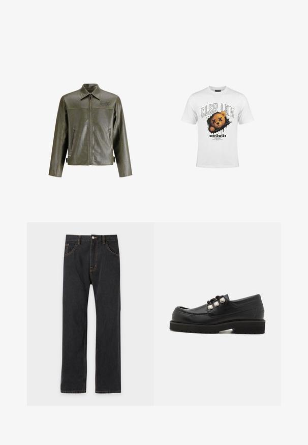 Chaqueta de cuero verde oliva con cremallera frontal, cuello puntiagudo, dos bolsillos laterales y un sutil logotipo en la parte superior izquierda.; Camiseta blanca con gráfico de la cara de un oso de peluche con los ojos tachados y texto que dice "CLSR LDN" y "worldwide" debajo.; Vaqueros negros de pierna recta con costuras naranjas en contraste, botón frontal y bolsillos sobre un fondo claro liso.; Mocasines de cuero negro con punta redonda, que presentan tres acentos metálicos y una suela texturizada para mayor agarre. Parte superior lisa y detalle de costura.