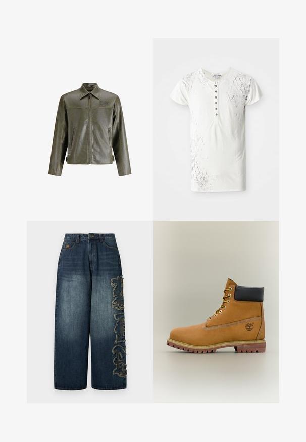 Chaqueta de cuero verde oliva con cremallera frontal, cuello puntiagudo, dos bolsillos laterales y un sutil logotipo en la parte superior izquierda.; Camiseta blanca de manga corta con un patrón texturizado de piel de serpiente y una tapeta abotonada con botones gris oscuro a lo largo del centro.; Vaqueros de pierna ancha en azul oscuro con bordado elaborado y deshilachado en un lado. Incluyen una pretina estándar y trabillas para cinturón.; Bota de tobillo de cuero marrón con cuello negro, cordones amarillos y suela beige. Presenta un logotipo y detalles de costura blanca. Suela exterior con tracción robusta.
