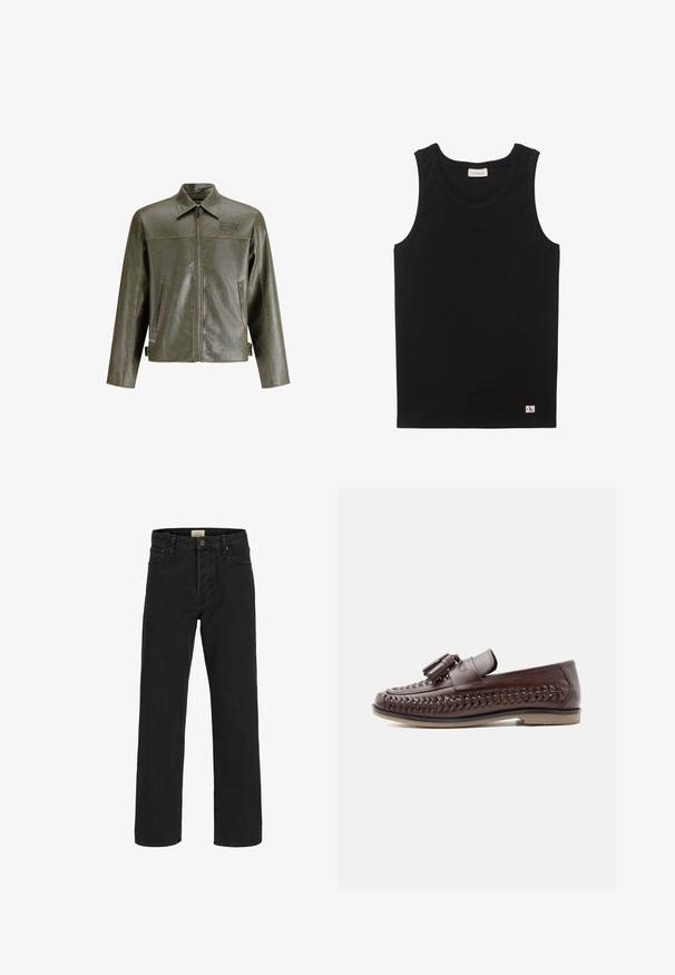 Olijf groene leren jas met een ritssluiting aan de voorkant, een puntige kraag, twee zijzakken en subtiele branding op de bovenste linkerkant.; Zwarte geribbelde mouwloze tanktop met ronde halslijn en een klein Calvin Klein-logo patch rechtsonder aan de zoom.; Zwarte denim jeans met rechte pijpen, vijf zakken, knoopsluiting en riemlussen, van voren weergegeven op een witte achtergrond.; Bruine leren herenslof met geweven zijdetail, kwastjes bovenop en een beige zool tegen een effen achtergrond.