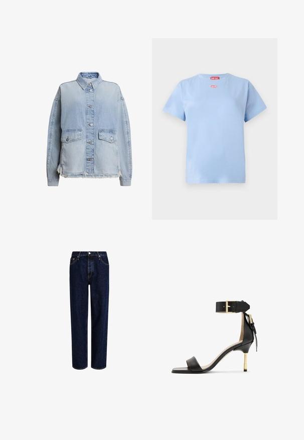 Lyseblå denimjakke med knaplukning foran, to lommer foran og en frynset kant nederst. Løs pasform med krave.; Lyseblå kortærmet bomulds T-shirt med rød Diesel mærkeetiket ved halsen og lille rød oval logo under kraven.; Mørkeblå denim jeans med lige ben-design, der har høj talje, fem-lomme-stil og kontrastsyninger. Ingen dekorationer.; Sort læder hæl sandal med firkantet tå, ankelrem med en guldbuckle og en slank metallisk hæl. Glat tekstur, minimalistisk design.