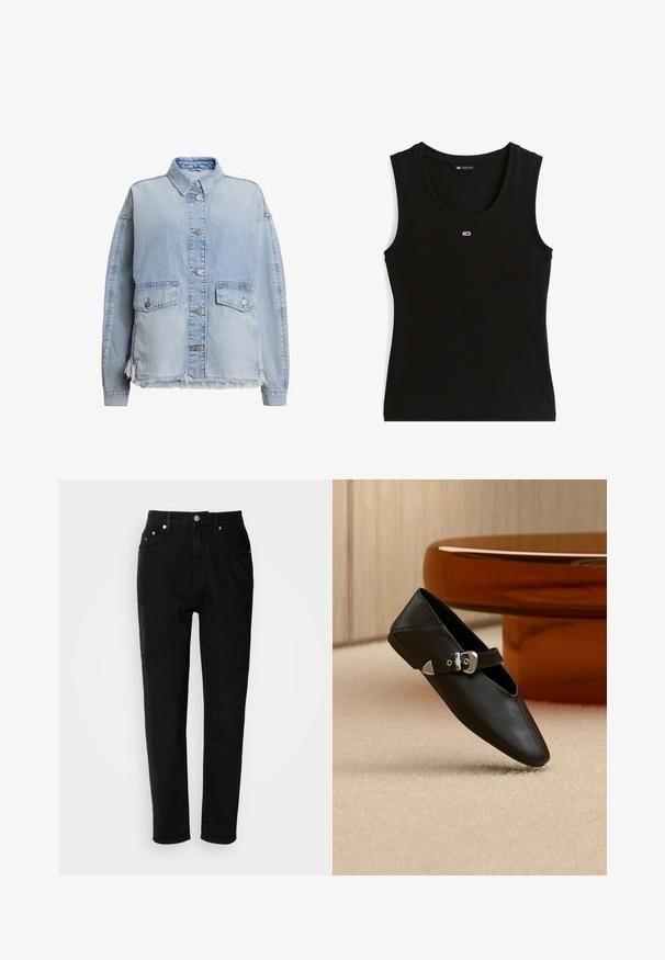 Hellblaues Jeansjacke mit durchgehender Knopfleiste, zwei Vordertaschen und einem fransigen Saum am unteren Ende. Lockere Passform mit Kragen.; Schwarzes, geripptes ärmelloses Tanktop mit kleinem rot-weiß-blauem rechteckigem Logo in der Mitte der Brust und einem Kragenetikett mit der Aufschrift Tommy Jeans.; Schwarze High-Waist-Jeans mit fünf Taschen, Metallknopfverschluss und geraden Beinen, auf weißem Hintergrund präsentiert.; Schwarzer Lederflachschuh mit spitzer Zehe und silberner Schnallenriemen, auf beigem Teppich vor einem runden, bernsteinfarbenen Tisch platziert.