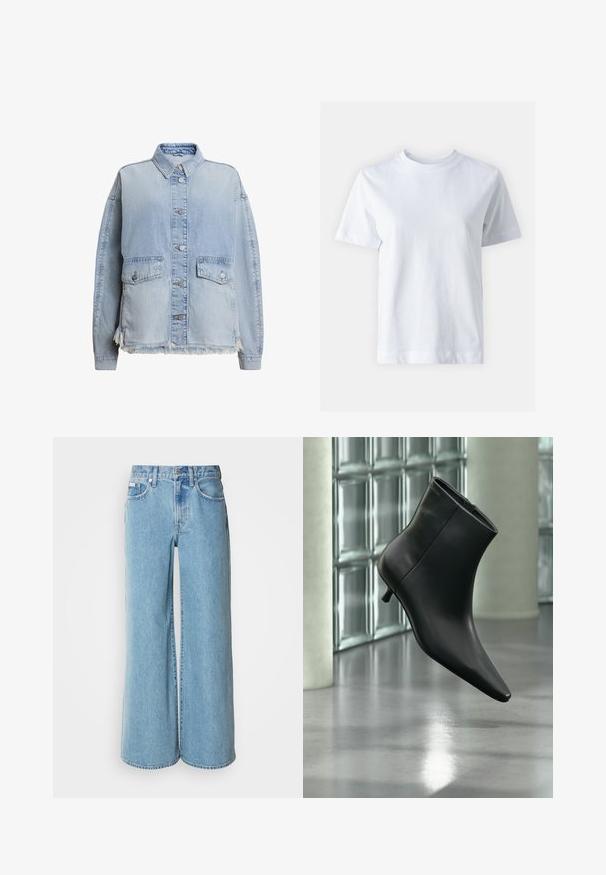 Veste en denim bleu clair avec un devant à boutons, deux poches avant et un ourlet effiloché en bas. Coupe décontractée avec un col.; T-shirt en coton blanc avec un col rond, manches courtes, coupe droite et texture lisse. Sans motifs ni embellissements.; Jean large bleu clair en denim, avec une taille haute, un design à cinq poches et un léger dégradé sur le tissu.; Bottine en cuir noir à bout pointu et petit talon kitten, présentée en angle devant un sol poli et un mur en blocs de verre.