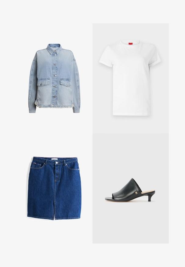 Hellblaues Jeansjacke mit durchgehender Knopfleiste, zwei Vordertaschen und einem fransigen Saum am unteren Ende. Lockere Passform mit Kragen.; Weißes Kurzarm-T-Shirt aus leichtem Baumwollstoff. Hat einen runden Halsausschnitt und umgeschlagene Ärmel. Rotes Logo-Tag am Kragen.; Denimrock in Dunkelblau mit Knopfverschluss vorne und zwei Taschen. Er hat eine gerade Form und eine knielange Schnittführung.; Schwarze Leder-Pantoletten mit offenen Zehen und niedrigem Absatz. Sie verfügen über eine glatte Oberfläche und ein goldenes Logo-Detail an der Seite.