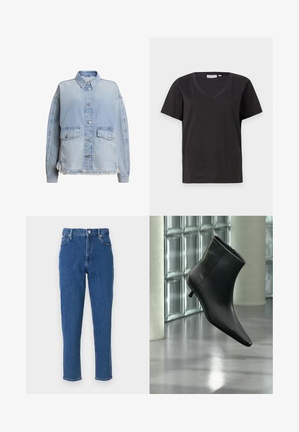 Lyseblå denimjakke med knaplukning foran, to lommer foran og en frynset kant nederst. Løs pasform med krave.; Sort bomulds T-shirt med V-hals og korte ærmer. Enkel design med regular fit og ingen mønstre eller accenter.; Blå denim jeans med høj talje, lynlås, fem lommer, lige ben og en diskret fadet tekstur, samt en ren sømfinish.; Sort læderankelstøvle med spids tå og lav kitten-hæ, vist vinklet mod en poleret gulv- og glasblokvæg.