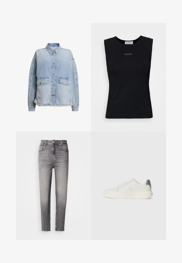 Veste en denim bleu clair avec un devant à boutons, deux poches avant et un ourlet effiloché en bas. Coupe décontractée avec un col.; Top sans manches noir en tissu lisse. Doté d'un col rond et d'un petit logo Calvin Klein au centre. Design simple et ajusté.; Jean gris slim taille haute avec des détails délavés, fermeture à bouton sur le devant, passants de ceinture et design à cinq poches sur fond blanc.; Baskets blanches en cuir avec une texture lisse, présentant un accent argenté sur le talon, une semelle plate et un design minimaliste.