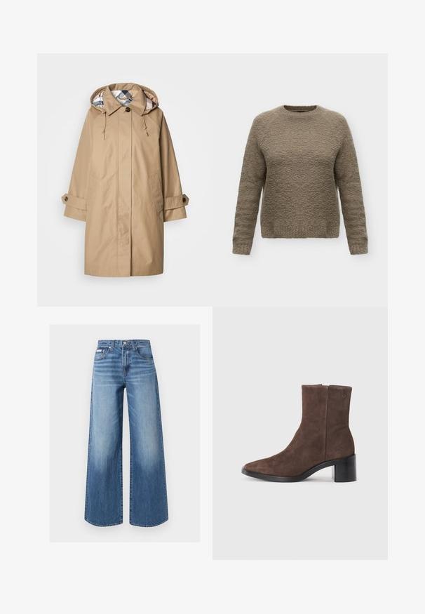 Beige Regenmantel mit Kapuze, mit gefüttertem Innenfutter im Karomuster, geknöpften Ärmelbündchen und Vordertaschen. Hergestellt aus wasserabweisendem Stoff.; Langärmeliger Pullover mit Rundhalsausschnitt aus strukturiertem Taupe-Stoff mit leicht lockerem Sitz, dargestellt auf weißem Hintergrund.; Blaue Jeans mit weitem Bein, vorderem Knopf und Reißverschluss, Fünf-Taschen-Stil und dezenten ausgebleichten Details an Oberschenkeln und Knien.; Braune Wildleder-Ankle Boots mit spitzer Zehenpartie und Blockabsatz. Verfügt über eine glatte Textur und ein Logo-Detail an der Seite.