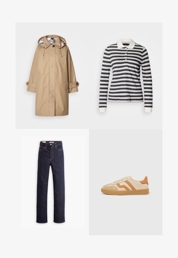 Beige Regenmantel mit Kapuze, mit gefüttertem Innenfutter im Karomuster, geknöpften Ärmelbündchen und Vordertaschen. Hergestellt aus wasserabweisendem Stoff.; Langärmeliges Poloshirt mit marineblauen und weißen Streifen, aus Baumwollmaterial, mit drei Knöpfen und gerippten Bündchen. Klassischer Kragen.; Dunkelblaue gerade geschnittene Denim-Jeans mit fünf Taschen und sichtbaren orangefarbenen Nähten auf einem weißen Hintergrund.; Beiger Sneaker mit hellbrauner Wildlederkappe, braunen Lederstreifen, gummierter Sohle und Schnürdesign, Seitenansicht auf weißem Hintergrund.