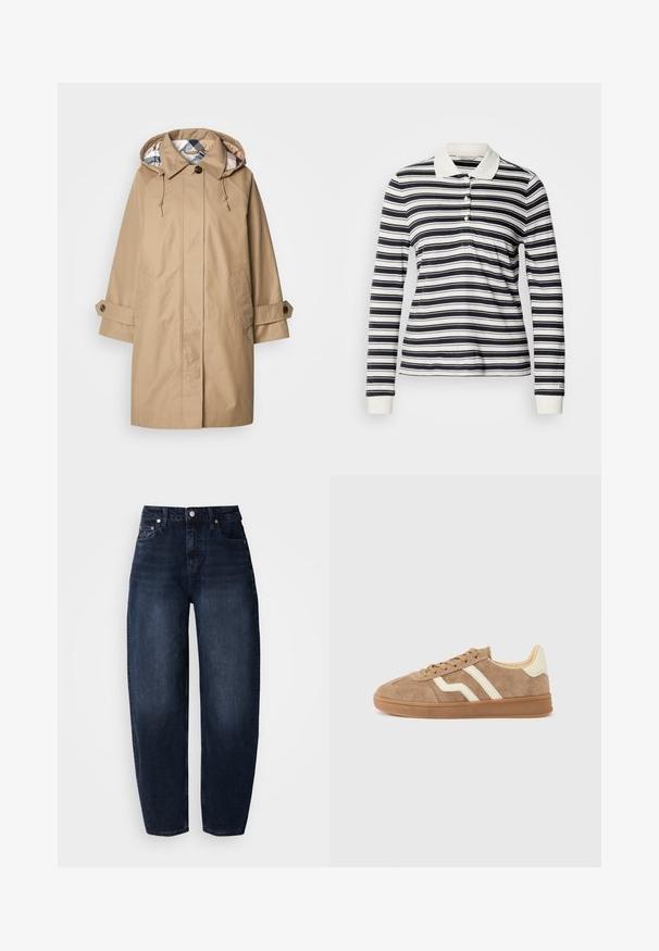 Beige Regenmantel mit Kapuze, mit gefüttertem Innenfutter im Karomuster, geknöpften Ärmelbündchen und Vordertaschen. Hergestellt aus wasserabweisendem Stoff.; Langärmeliges Poloshirt mit marineblauen und weißen Streifen, aus Baumwollmaterial, mit drei Knöpfen und gerippten Bündchen. Klassischer Kragen.; Dunkelblaue Jeans aus Denim mit lockerem Schnitt, ausgestattet mit hoher Taille, geradem Bein und klassischem Fünf-Taschen-Design.; Brauner Wildleder-Sneaker mit weißen Akzentstreifen, rundem Zehenbereich, beigem Innenfutter und Gummisohle. Schnürsenkel mit strukturierter Oberfläche.