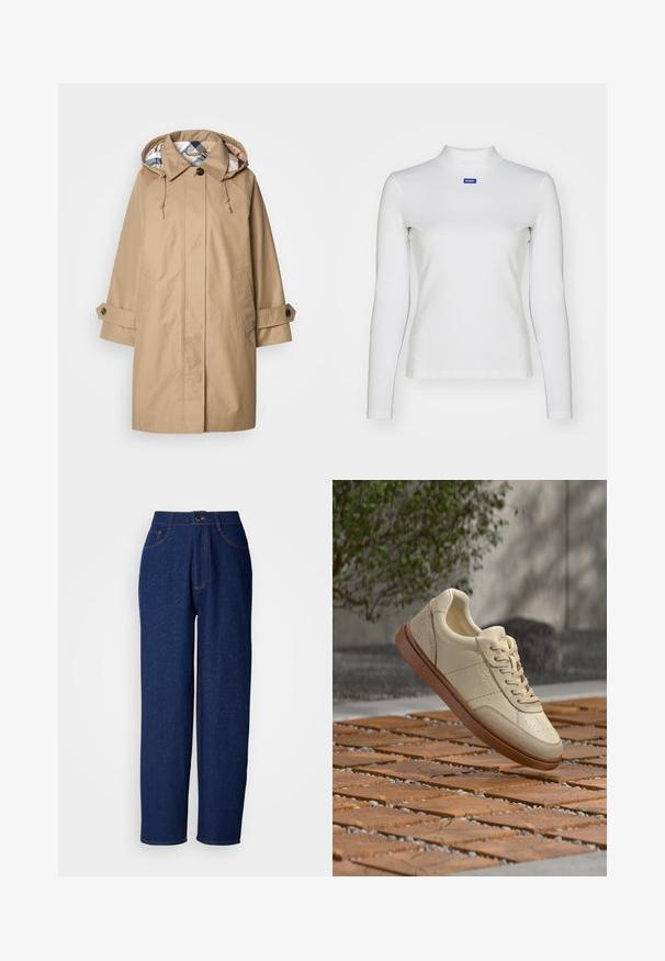 Beige Regenmantel mit Kapuze, mit gefüttertem Innenfutter im Karomuster, geknöpften Ärmelbündchen und Vordertaschen. Hergestellt aus wasserabweisendem Stoff.; Weißes langärmliges Rollkragenshirt aus dehnbarem Material mit taillierter Passform und kleinem blauen Logo auf der Brust.; Dunkelblaue Denim-Hosen im weiten Schnitt mit hoher Taille, ausgestattet mit orangefarbenen Nähten, Vorderaschen und einem Knopfverschluss. Glatte Textur mit feinen Sprenkeln.; Beiger Ledersneaker mit brauner Sohle, der über einer gefliesten Außenterrasse mit verstreuten kleinen Steinen und grünem Laub im Hintergrund schwebt.