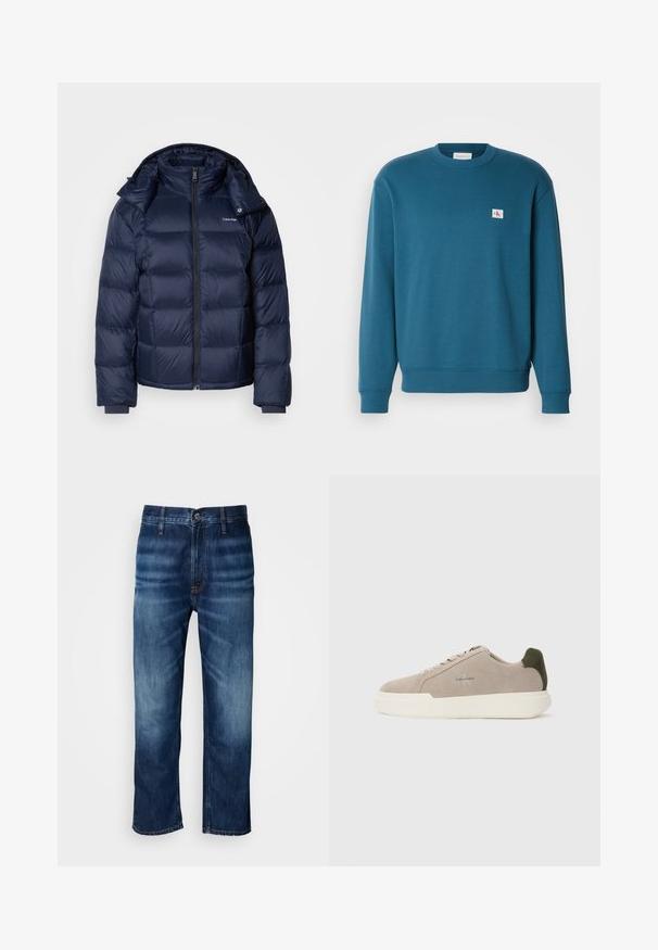Veste doudoune marine en tissu brillant et matelassé. Comprend un col haut, une fermeture éclair frontale intégrale et des poignets ajustés pour plus de chaleur. Logo sur la poitrine.; Sweatshirt turquoise en tissu doux, avec un col rond, des manches longues, des poignets côtelés et un petit patch logo sur la poitrine.; Jean en denim droit bleu foncé avec un léger décoloration au niveau des cuisses et une fermeture à bouton à la taille, présenté sur fond blanc.; Baskets en suède beige avec une semelle en caoutchouc blanche, présentant un accent de talon vert foncé et une branding subtile sur le côté.