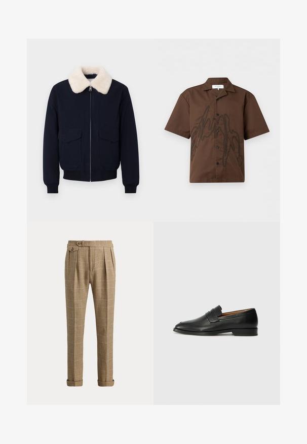 Ναυτικό bomber μπουφάν με γιακά από κρεμ τεχνητό shearling· διαθέτει φερμουάρ κλεισίματος και δύο μπροστινές τσέπες· ριμπ μανσέτες και τελείωμα.; Καφέ πουκάμισο με κοντά μανίκια και κουμπιά, με μαύρο αφηρημένο κεντητό σχέδιο και μυτερό γιακά, που παρουσιάζεται μπροστά σε απλό φόντο.; Καφέ καρό παντελόνι με ψηλή μέση, πιέτες, γυρισμένα τελειώματα, πλαϊνές τσέπες και λεπτομέρεια με κουμπωτή λωρίδα στη μέση.; Μαύρη δερμάτινη λοφά, με στρογγυλή μύτη, διακριτές ραφές και χαμηλό τακούνι, διαθέτοντας λεία υφή και μινιμαλιστικό σχέδιο.