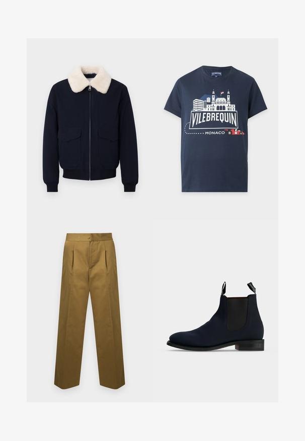 Ναυτικό bomber μπουφάν με γιακά από κρεμ τεχνητό shearling· διαθέτει φερμουάρ κλεισίματος και δύο μπροστινές τσέπες· ριμπ μανσέτες και τελείωμα.; Μπλε σκούρο μπλουζάκι με γραφικό πόλης Μόντε Κάρλο, κόκκινο αγωνιστικό αυτοκίνητο και το κείμενο «Vilebrequin Monaco» μπροστά.; Ελιά πράσινο παντελόνι ψηλόμεσο με πιέτες μπροστά, ίσια πλατιά πόδια και κρυφό μπροστινό κούμπωμα.; Μπλε ναυτικό δερμάτινο μποτάκι Chelsea με μαύρα ελαστικά πλαϊνά πάνελ, μαύρη σόλα, χαμηλό τακούνι και θηλιές έλξης εμπρός και πίσω.