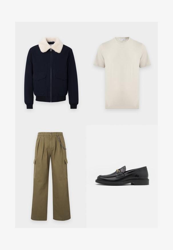Ναυτικό bomber μπουφάν με γιακά από κρεμ τεχνητό shearling· διαθέτει φερμουάρ κλεισίματος και δύο μπροστινές τσέπες· ριμπ μανσέτες και τελείωμα.; Μπεζ κοντομάνικο T-shirt με στρογγυλή λαιμόκοψη, φτιαγμένο από απαλό ύφασμα, με ετικέτα "Tiger of Sweden" στο εσωτερικό του γιακά.; Φαρδιά παντελόνια cargo σε ελαιί πράσινο με πιέτες, πλαϊνές τσέπες με καπάκι, κούμπωμα με κουμπιά και διακοσμητική ασημένια αλυσίδα στη δεξιά μπροστινή ζώνη μέσης.; Μαύρες δερμάτινες loafers με στρογγυλή μύτη, διακοσμημένες με χρυσά αξεσουάρ και λεπτομέρειες ραφής, τοποθετημένες σε χαμηλή, υφασμάτινη ελαστική σόλα.