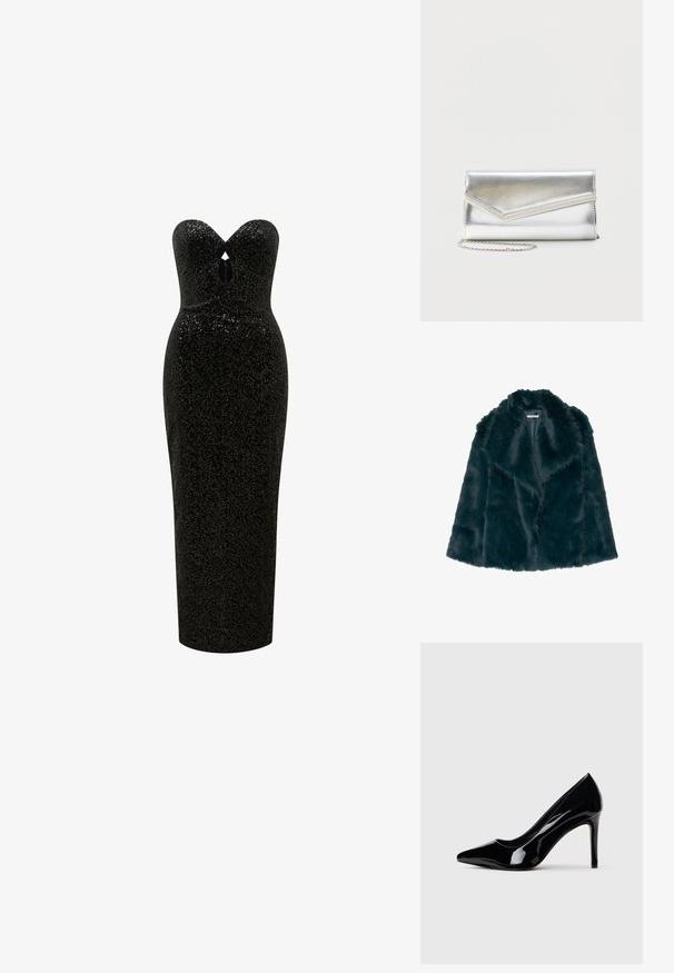 Faux fur jas in diep teal met een zachte, pluche textuur en een brede kraag, met een open voorkant en zonder zichtbare sluitingen.; Zwarte, strapless, vloerlange jurk met pailletten, sweetheart halslijn en een kleine keyhole uitsnijding bij de borst.; Zwarte lakleren hoge hak schoen met spitse neus, gepresenteerd tegen een plain witte achtergrond.; Glanzende zilveren clutch met envelopvormige klep en decoratieve rand, klein zilveren kettingriempje, op een effen lichte achtergrond.