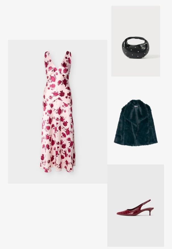 Faux fur jas in diep teal met een zachte, pluche textuur en een brede kraag, met een open voorkant en zonder zichtbare sluitingen.; Mouwloze roze maxi-jurk met diepe V-hals en bordeauxrood bloemenpatroon, nauwsluitend lijfje en vloeiende rok.; Bordeaux lederen slingback pump met krokodillenstructuur, puntige neus, verstelbare gesp en lage kittenhak op een witte achtergrond.; Zwarte leren handtas met een afgeronde vorm, versierd met zilveren studs, en een korte handgreep. Gladde textuur en ritsluiting.