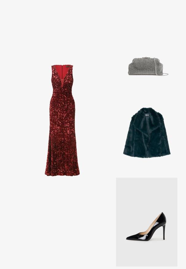 Faux fur jas in diep teal met een zachte, pluche textuur en een brede kraag, met een open voorkant en zonder zichtbare sluitingen.; Lang rode jurk bedekt met pailletten, met een diepe V-halslijn, mouwloos ontwerp en een aansluitende silhouet die aan de onderkant uitloopt.; Zwarte lakleren hoge hakpumps met een puntige neus en een slanke silhouet. Heeft een gladde, glanzende afwerking en een slanke stilettohak.; Reiss ADALINE EMBELLISHED - Clutch - silver coloured