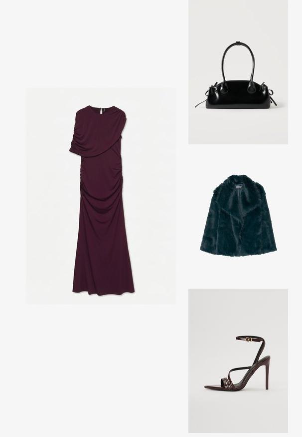 Faux fur jas in diep teal met een zachte, pluche textuur en een brede kraag, met een open voorkant en zonder zichtbare sluitingen.; Donkerpaarse maxi-jurk met één schouder, met gerimpelde stofdetails en een kleine sleutelgatsluiting achter bij de halslijn.; Bordeaux gepatineerde leren hoge hakken sandaal met een enkelbandje, puntige neus en drie horizontale banden over de voet. Details met gouden gesp.; Kleine zwarte glanzende handtas met twee lange hengsels en zijkant trekkoord details op een effen lichte achtergrond.