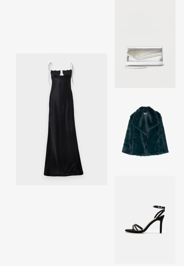 Faux fur jas in diep teal met een zachte, pluche textuur en een brede kraag, met een open voorkant en zonder zichtbare sluitingen.; Zwarte satijnen jurk tot op de vloer met gestructureerde buste, dunne schouderbandjes die in strikjes zijn gebonden en een lichte uitsnede onder de halslijn.; Anna Field by Zalando Sandalen - black; Glanzende zilveren clutch met envelopvormige klep en decoratieve rand, klein zilveren kettingriempje, op een effen lichte achtergrond.