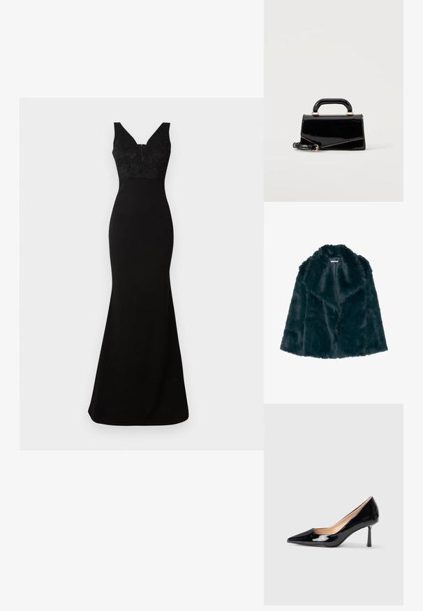 Faux fur jas in diep teal met een zachte, pluche textuur en een brede kraag, met een open voorkant en zonder zichtbare sluitingen.; Zwarte jurk met een getailleerde silhouet, kanten lijfje, V-hals en lange, vloeiende rok. Gemaakt van een soepele stof met een contrasterende textuur.; Zwarte gepatenteerde leren puntige hoge hak schoen met slanke mid-high stiletto hak op een witte achtergrond.; Zwarte glanzende rechthoekige handtas met bovenhandvat, gouden hardware en afneembare riem, geplaatst op een effen lichte achtergrond.