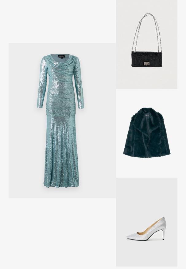 Kunstfellmantel in tiefem Teal mit einer weichen, flauschigen Textur und einem breiten Kragen, der ein offenes Vorderdesign und keine sichtbaren Verschlüsse aufweist.; Langärmliges, tealfarbenes Kleid mit einem Cowl-Ausschnitt, das mit Pailletten in ganzer Fläche, Raffung und einer taillierten Silhouette versehen ist, die zu einem ausgestellt geschnittenen Saum fließt.; Silberne Glitzer-Pumps mit hohen Absätzen, spitz zulaufender Zehenpartie und glattem Innenfutter. Der Absatz ist schmal und betont das elegante Design.; Schwarze Perlenhandtasche mit rechteckiger Form, silbernem Kettenriemen und einem Metallverschluss mit geometrischem Design. Strukturiert Oberfläche mit Perlen.