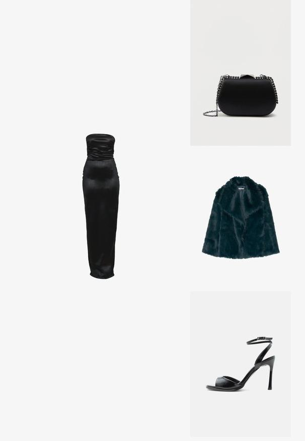 Faux pelsjakke i dyb teal med en blød, fluffy tekstur og en bred krave, med et åbent frontdesign og uden synlige lukninger.; Sort aftenselskabskjole i satin med stropfri, gulvlængde, rynket talje og figursyet silhuet.; Sort højhælet sandal med åben tå, tynd stilethæl og ankelrem med spænde på hvid baggrund.; Sorte clutch taske med en glat, mat finish, afrundet form og en sølv kædetras. Har en geometrisk lukningsdetalje på toppen.