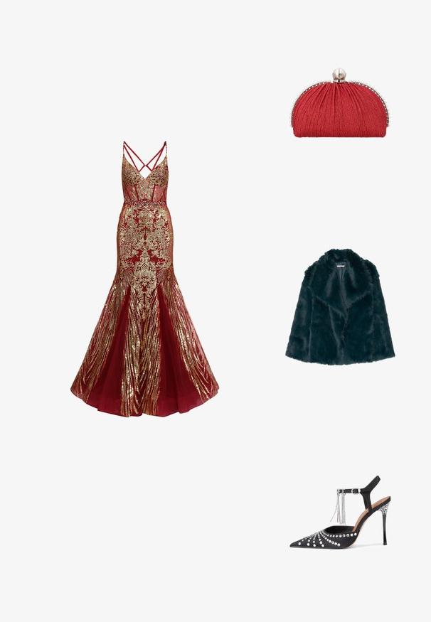 Faux fur jas in diep teal met een zachte, pluche textuur en een brede kraag, met een open voorkant en zonder zichtbare sluitingen.; Rode zeemeerminnenjurk met gouden bloemen- en gestreepte paillettenpatronen, doorschijnende zijkanten, aansluitend lijfje en gekruiste spaghettibandjes.; Zwarte satijnen hoge hak met spitse neus, versierd met zilveren studs en een franjesierlijke ketting bij de enkel.; Rode stoffen clutch met geplooide structuur, zilveren rand versierd met kleine parels en een grote parelsluiting bovenop.