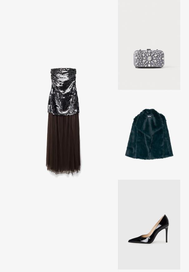 Kunstfellmantel in tiefem Teal mit einer weichen, flauschigen Textur und einem breiten Kragen, der ein offenes Vorderdesign und keine sichtbaren Verschlüsse aufweist.; Schulterfreies Kleid mit einem schwarzen, mit Pailletten besetzten Oberteil und einem braunen, plissierten Tüllrock, das unterschiedliche Texturen und Längen kombiniert.; Schwarze Lackleder-Pumps mit High Heels und spitzem Design sowie einer eleganten Silhouette. Verfügt über eine glatte, glänzende Oberfläche und einen schlanken Stiletto-Absatz.; Kleine rechteckige dunkelgraue Clutch, verziert mit klaren Strasssteinen in einem strahlenförmigen Muster und einem silbernen Kettenriemen.