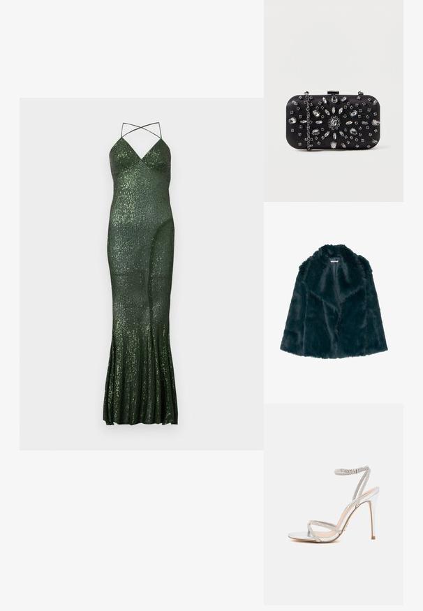 Kunstfellmantel in tiefem Teal mit einer weichen, flauschigen Textur und einem breiten Kragen, der ein offenes Vorderdesign und keine sichtbaren Verschlüsse aufweist.; Grünes Paillettenkleid für den Abend mit figurbetonter Silhouette, Spaghettiträgern und ausgestelltem Saum, verziert mit vertikalen Paillettenstreifen für Struktur.; Silberne High-Heels-Sandalen mit dünnen Riemen, verziert mit Strasssteinen, mit einem eleganten Design und einer spitzen Zehenpartie.; Schwarze Clutch mit rechteckiger Form, verziert mit verschiedenen Strasssteinen in einem floralen Muster, ausgestattet mit einer silbernen Kette zum Tragen.