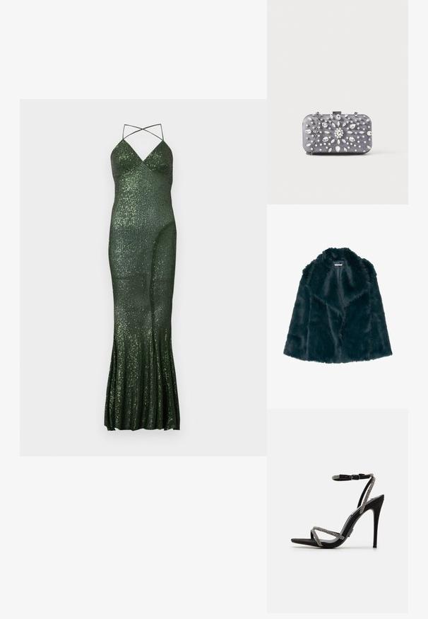 Kunstfellmantel in tiefem Teal mit einer weichen, flauschigen Textur und einem breiten Kragen, der ein offenes Vorderdesign und keine sichtbaren Verschlüsse aufweist.; Grünes Paillettenkleid für den Abend mit figurbetonter Silhouette, Spaghettiträgern und ausgestelltem Saum, verziert mit vertikalen Paillettenstreifen für Struktur.; Schwarze High-Heels-Sandalen mit dünnen, mit Schmuck besetzten Riemen und einer Schnalle am Knöchel. Aus Wildleder, offen an den Zehen und mit einer eleganten, spitzen Silhouette.; Kleine rechteckige dunkelgraue Clutch, verziert mit klaren Strasssteinen in einem strahlenförmigen Muster und einem silbernen Kettenriemen.