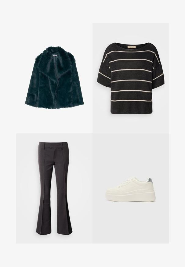 Faux pelsjakke i dyb teal med en blød, fluffy tekstur og en bred krave, med et åbent frontdesign og uden synlige lukninger.; Sort strikket sweater med bred bådudskæring, korte ærmer og vandrette hvide striber, med ribbet kant og afslappet pasform.; Udvidede mørkegrå bukser med en glat tekstur, der har en tilpasset talje og forsyninger foran for et skræddersyet udseende.; Even&Odd Wide Fit Sneakers - white/silver-coloured