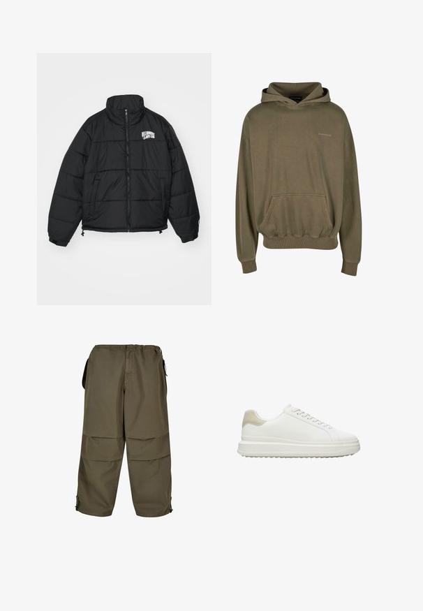 Sort pufferjakke med høj krave, lynlås, sidelommer og broderet "Billionaire Boys Club" logo på brystet.; Olivengrøn hættejakke lavet af blødt stof, med en frontlomme, ribbede manchetter og snoretræk i hætten, samt diskret logo-detalje.; Khaki cargo bukser med elastisk talje, sidelommer og trykknapdetaljer. Stoffet har en glat, let tekstur.; Hvide sneakers lavet af glat læder med en tekstureret beige hælaccent, med runde snørebånd, et lavt profil design og en gummiydersål.