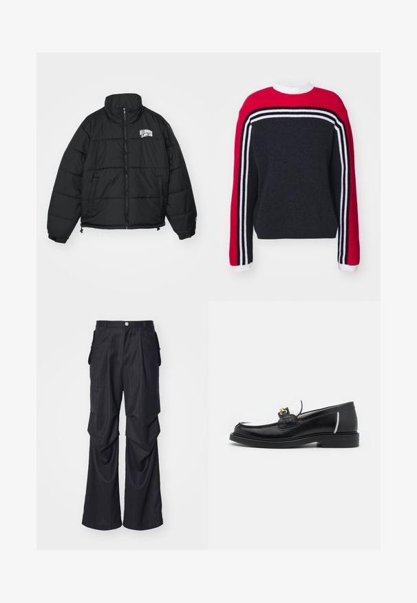 Sort pufferjakke med høj krave, lynlås, sidelommer og broderet "Billionaire Boys Club" logo på brystet.; Crewneck sweater med en rød øverste del. Mørkegrå krop og røde ærmer har sorte og hvide striber. Strikket tekstur.; Sorte nålestribede bukser med bred bendesign, der har folder, sidelommer og en frontlukning med knap. Glat tekstur.; Sort læder loafers med rund tå, hvide detaljer og guldbelagte metaldele på vamps. Har et struktureret patch og stablet hæl.
