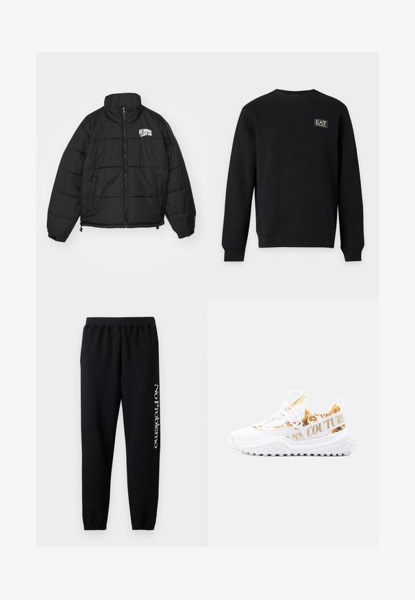 Sort pufferjakke med høj krave, lynlås, sidelommer og broderet "Billionaire Boys Club" logo på brystet.; Sort langærmet sweatshirt med rund hals og lille hvid EA7 Emporio Armani-logo på øverste venstre bryst.; Sorte sweatpants med elastisk talje, tætsiddende ankler og hvid "No Problemo" tekst trykt på venstre ben. Blødt bomuldsmateriale.; Hvid og guldspraglet sneaker med tyk, nittet sål, snørebånd og teksten "COUTURE" på sidelåsen, placeret på en ensfarvet baggrund.