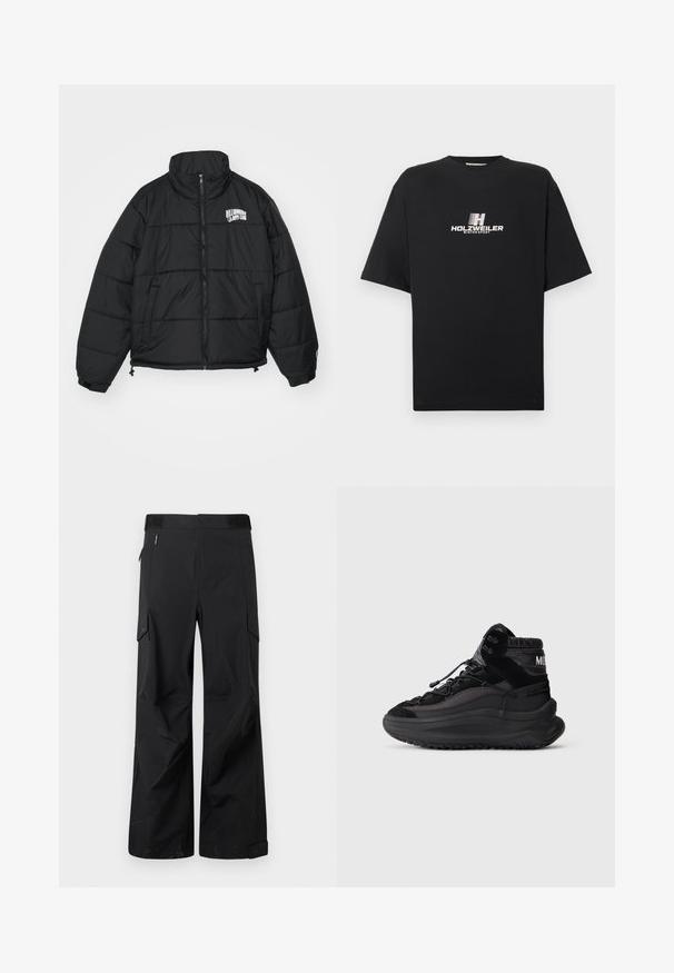 Black puffer jacket with a high collar, zip closure, side pockets, and embroidered "Billionaire Boys Club" logo on the chest.; Black cotton t-shirt with a round neckline and short sleeves. Features a white printed logo reading "HOLZWEILER WINTERSPORT" on the front.; Black cargo pants made from a smooth, water-resistant fabric. Features wide legs, multiple side pockets, and a flat waistband with subtle branding.; Black high-top sneaker with thick sole, lace-up front, padded ankle collar, and textured side panels on a plain light background.
