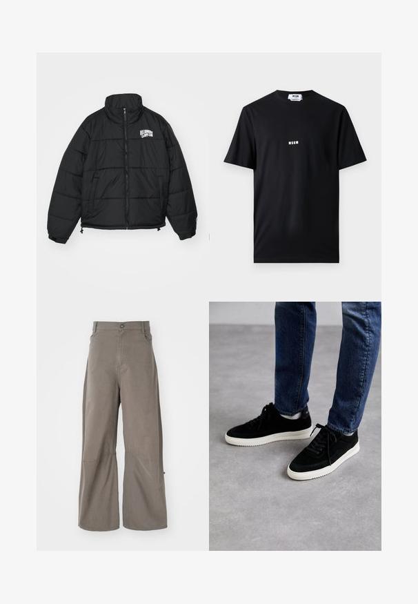Black puffer jacket with a high collar, zip closure, side pockets, and embroidered "Billionaire Boys Club" logo on the chest.; Black cotton t-shirt featuring a crew neck and short sleeves. Front displays white "MSGM" logo centered. Smooth texture, standard fit.; Henrik Vibskov DART PANTS - Relaxed fit jeans - walnut; Black suede sneakers with a white rubber sole, featuring a classic low-top design, rounded toe, and flat black laces.