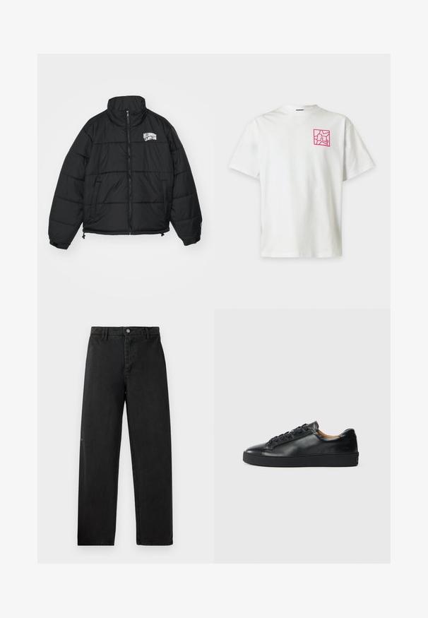 Sort pufferjakke med høj krave, lynlås, sidelommer og broderet "Billionaire Boys Club" logo på brystet.; Hvid T-shirt med korte ærmer med en lille lyserød geometrisk logo på øverste venstre bryst.; Sorte denimbukser med et lige ben-design, der har en frontknaplukning og diskret syninger. Glat overflade og minimal branding.; Sorte lædersneakers med en glat overflade, rund tå og snørebåndslukning. Har en tyk gummisål og minimal branddetalje.