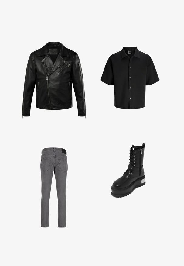 Chaqueta de motorista de cuero negro con cremallera frontal asimétrica, solapas anchas, tres bolsillos con cremallera y puños con cremallera en las mangas.; Camisa negra de manga corta con botones, cuello, dobladillo recto y cinco botones visibles en la parte delantera.; Pantalones vaqueros de mezclilla gris con corte ajustado, que presentan dos bolsillos traseros y un parche en la cintura en color negro. La tela tiene una textura y un acabado sutiles.; Botín de combate de imitación de cuero negro con una plataforma gruesa, que presenta un cierre de cordones en la parte frontal, cierre de cremallera y un acento metálico en el tacón.
