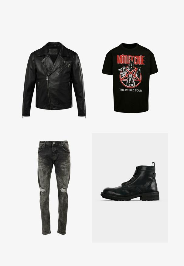 Chaqueta de motorista de cuero negro con cremallera frontal asimétrica, solapas anchas, tres bolsillos con cremallera y puños con cremallera en las mangas.; Camiseta negra de algodón con un gráfico central de cuatro figuras y un pentagrama rojo, con el texto "MÖTLEY CRÜE" y "LA GIRA MUNDIAL".; Jeans ajustados de corte delgado, en negro deslavado, hechos de denim con parches desgastados en las rodillas. Presenta bolsillos estándar y cierre de botón.; Botín negro de cuero con cordones, suela gruesa y lengüeta en la parte trasera, mostrado de perfil sobre fondo blanco.