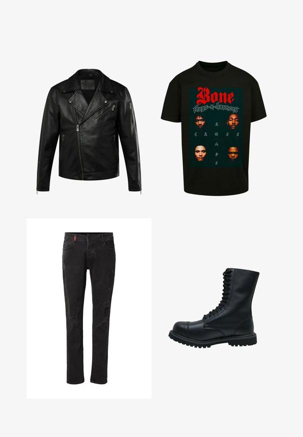 Chaqueta de motorista de cuero negro con cremallera frontal asimétrica, solapas anchas, tres bolsillos con cremallera y puños con cremallera en las mangas.; Camiseta negra con una impresión gráfica. El diseño muestra cuatro rostros sobre un fondo verde con texto rojo que dice "Bone thugs-n-harmony" y "CROSS ROADS."; Vaqueros ajustados negros con parches desgastados en los muslos delanteros y las rodillas, con bolsillos delanteros y trabillas para cinturón.; Botín de cuero negro con cordones, punta redonda, caña alta, suela de goma gruesa y superficie texturizada. Presenta costuras reforzadas a lo largo de las uniones.