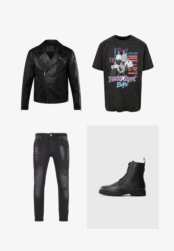 Chaqueta de motorista de cuero negro con cremallera frontal asimétrica, solapas anchas, tres bolsillos con cremallera y puños con cremallera en las mangas.; Camiseta de algodón negra con un estampado gráfico de cinco figuras sentadas con el texto "Nunca te romperé el corazón" y "Backstreet Boys" en colores llamativos.; Jeans de denim negro con un ajuste slim, que presentan detalles desgastados y parches deshilachados, un ligero desvanecimiento y cierre estándar de botón y cremallera.; Botín de cuero negro con punta redonda, diseño con cordones y ojales de metal. Cuenta con una suela texturizada y una lengüeta en el talón para facilitar su uso.