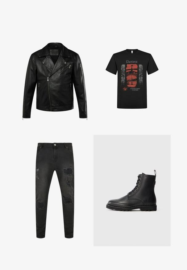 Chaqueta de motorista de cuero negro con cremallera frontal asimétrica, solapas anchas, tres bolsillos con cremallera y puños con cremallera en las mangas.; Camiseta de algodón negra con un gráfico rojo y gris de la puerta de un cementerio, árboles y el texto "Pantera" y "Cemetery Gates".; Jeans de mezclilla negra con un ajuste slim, que presentan detalles desgastados, desgarros y áreas desvaídas. Diseño estándar de cinco bolsillos con cierre de botón metálico.; Botín de cuero negro con punta redonda, diseño con cordones y ojales de metal. Cuenta con una suela texturizada y una lengüeta en el talón para facilitar su uso.