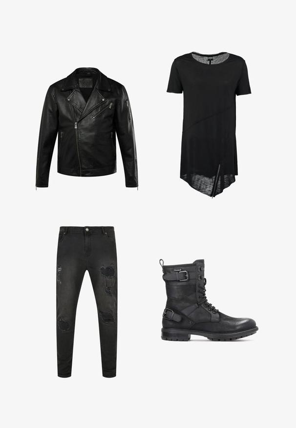Sort læder bikerjakke med asymmetrisk frontlynlås, brede revers, tre lynlåslommer og lynlåse på ærmerne.; Sort kortærmet t-shirt med rund halsudskæring, asymmetrisk kant, gennemsigtig tekstur og en sidelukning. Blødt, let stof.; Sorte denim jeans med slim fit, der har slidte detaljer, huller og falmede områder. Standard fem-lomme design med metal knaplukning.; Kazar HEARD - Cowboy- / bikerstøvlette - black