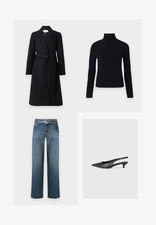 Sort uldfrakke med dobbeltrækker-design, klapkrave, lange ærmer og bælte i taljen. Har sidelommer og en glat tekstur.; Sort turtleneck sweater med lange ærmer, glat tekstur, tætsiddende design og en tyk ribbet krave, velegnet til lag-på-lag.; Blå denim jeans med lige ben, forvasket foran, fem-lommers design og et bælte med en firkantet sølvspænde.; Sorte spidse slingback-sko lavet af glat læder. Har en tynd hæl og en spænde detalje på den justerbare rem.